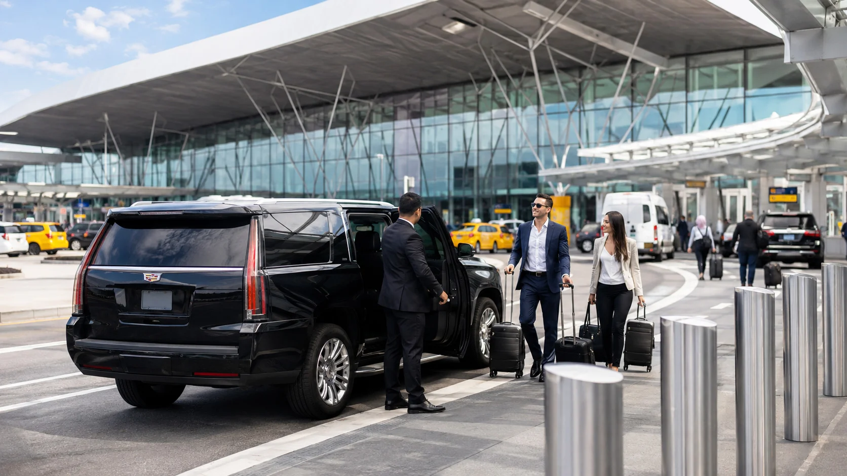Luxury airport transfer chauffeur opening door for passenger in New York